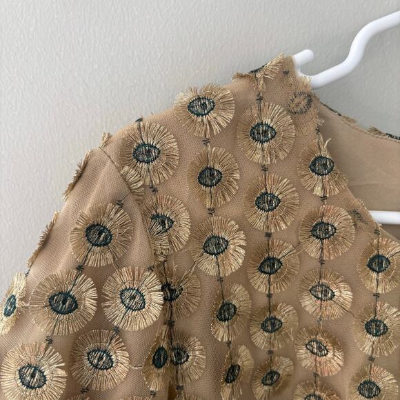 NWT Calvin Klein Embroidered Mesh Top Gold and Peacock Blue Bell Sleeves Size M - Picture 3 of 8